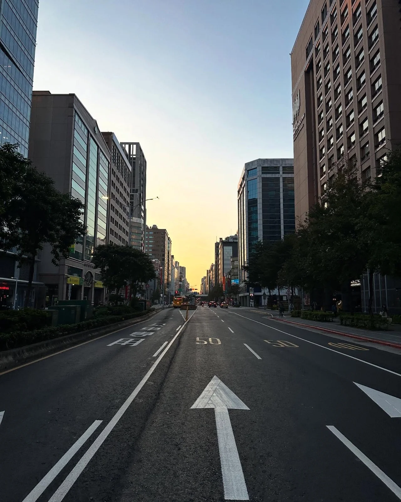 清晨空蕩的大馬路，地上的白色箭頭指向遠方的日出